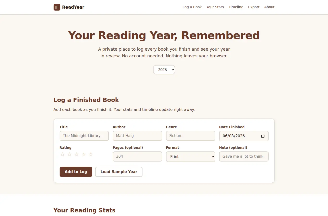 Screenshot of ReadYear: Personal Reading Year in Review interface showing the project page in use